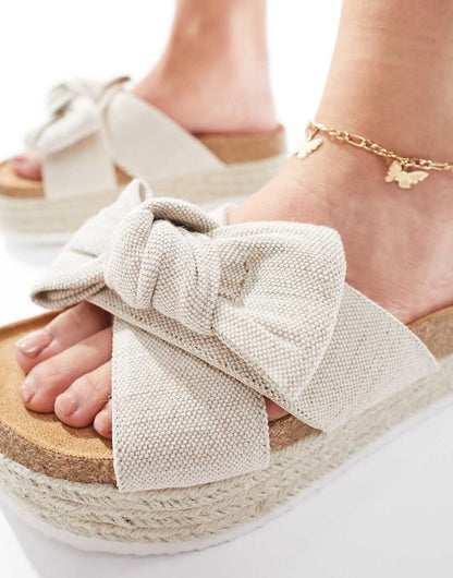 ASOS DESIGN Wide Fit Thankful bow detail flatform sandals in natural fabrication