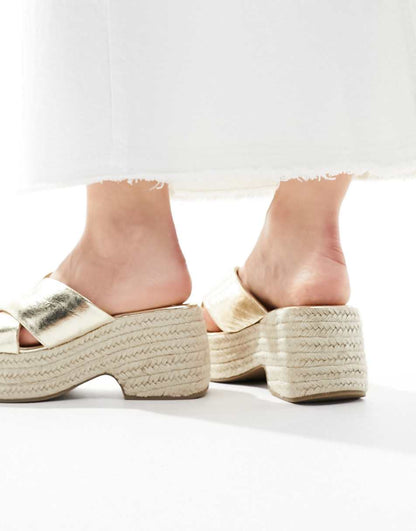 ASOS DESIGN Wide Fit Toy cross strap wedges in gold