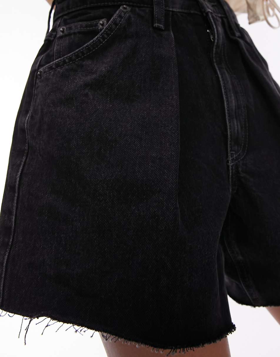 Topshop denim pleat shorts in washed black