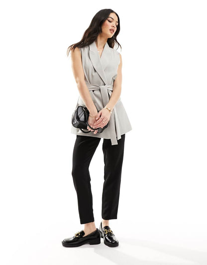 ASOS DESIGN sleeveless tailored blazer with tie waist in light gray
