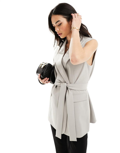 ASOS DESIGN sleeveless tailored blazer with tie waist in light gray
