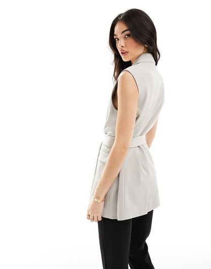 ASOS DESIGN sleeveless tailored blazer with tie waist in light gray