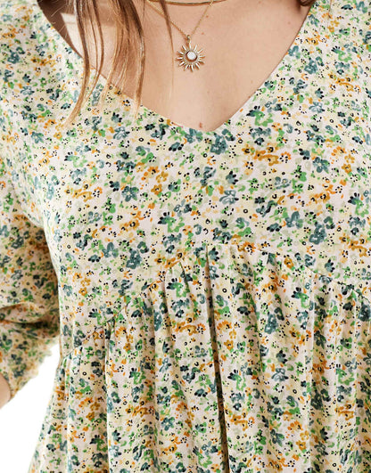 JDY v neck mini smock dress in green micro floral print