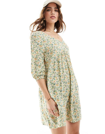 JDY v neck mini smock dress in green micro floral print