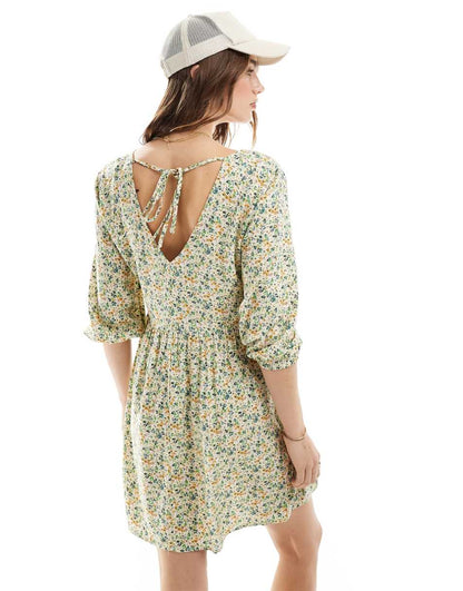JDY v neck mini smock dress in green micro floral print