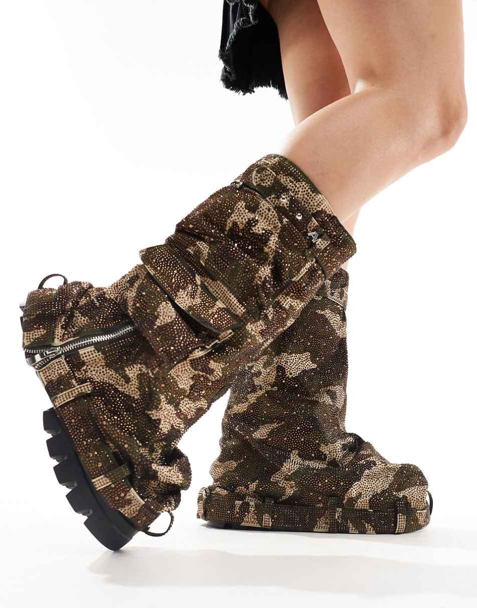 Azalea Wang Angela1 rhinestone covered chunky knee boot in camo