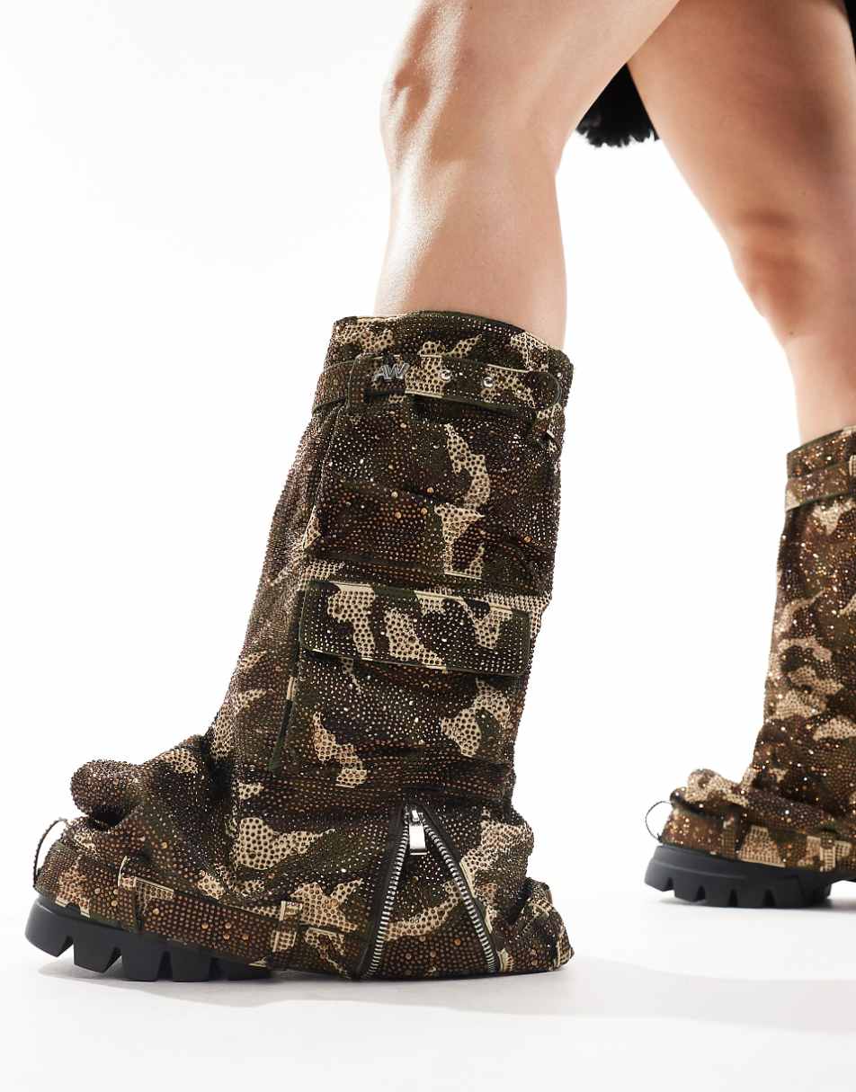 Azalea Wang Angela1 rhinestone covered chunky knee boot in camo