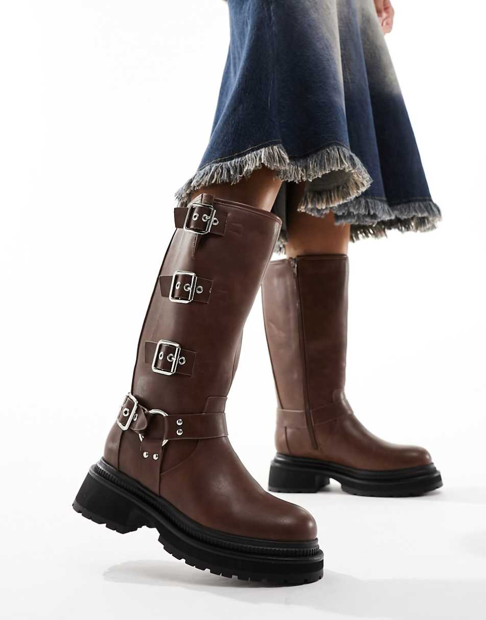Public Desire Fast Track biker boots in chocolate