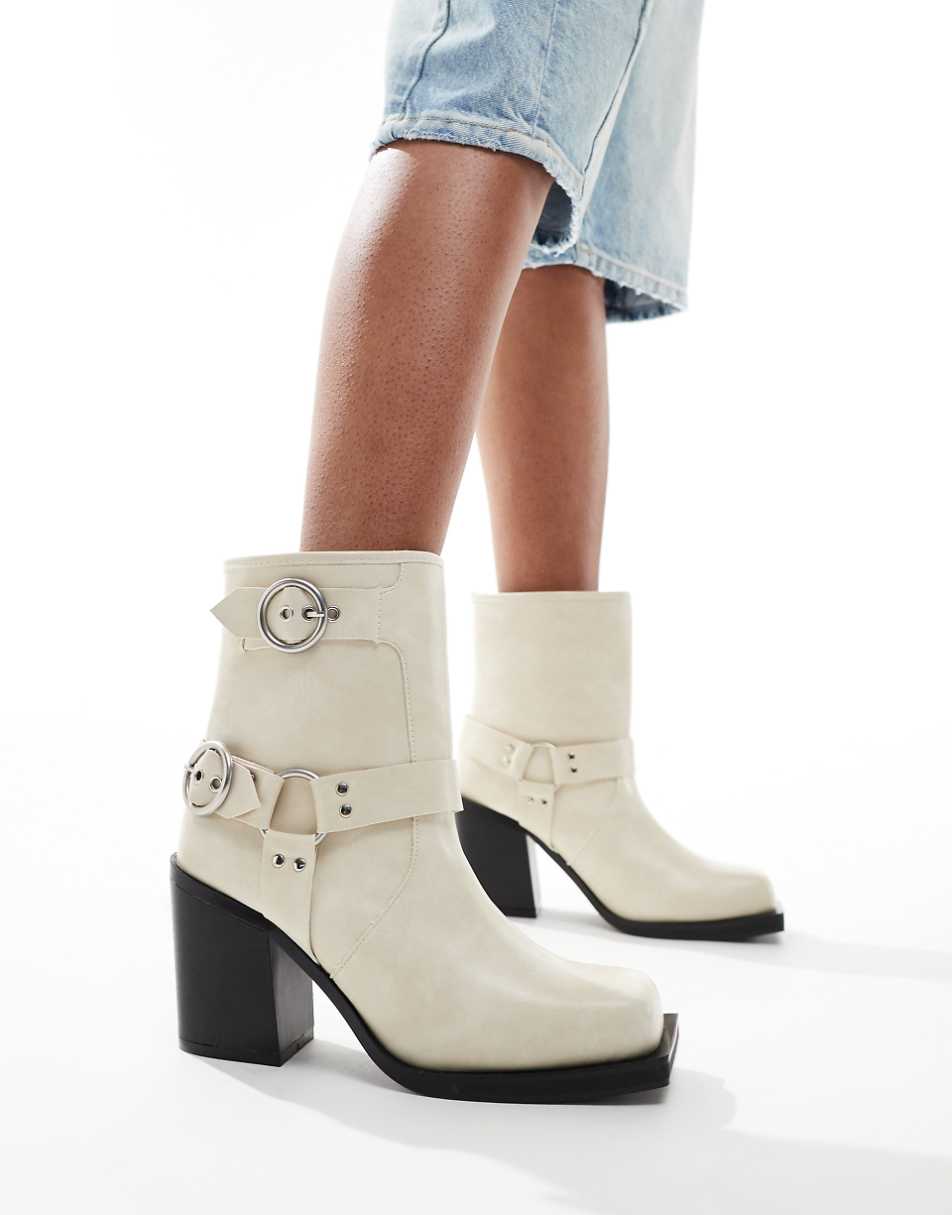 Public Desire Freak heeled ankle moto boots in cream