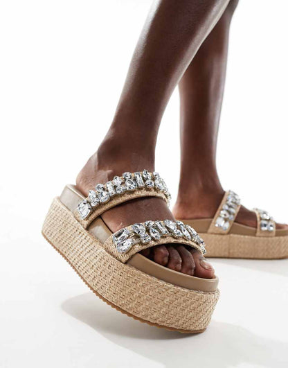 Public Desire Duchess flatform sandals with embellished straps in raffia