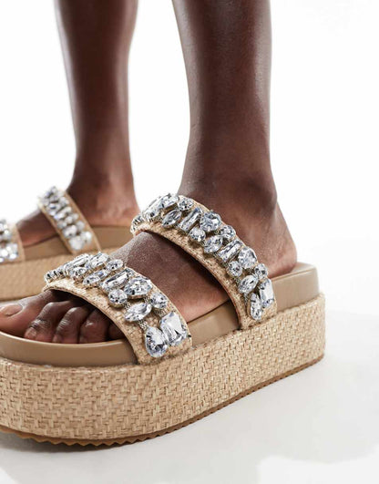 Public Desire Duchess flatform sandals with embellished straps in raffia