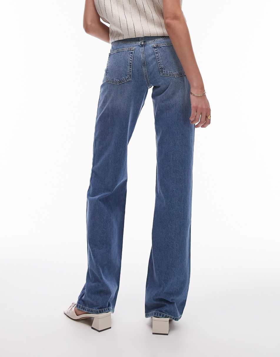 Topshop Tall Ember low rise wide leg jeans in mid blue