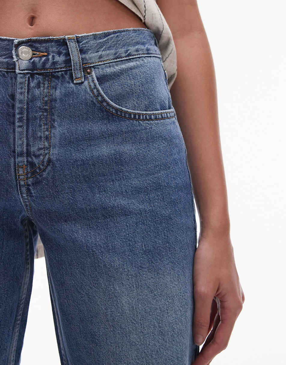 Topshop Tall Ember low rise wide leg jeans in mid blue