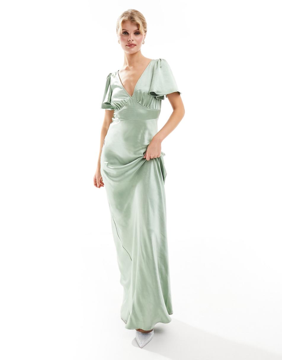 Six Stories Bridesmaid flutter sleeve satin maxi dress in sage