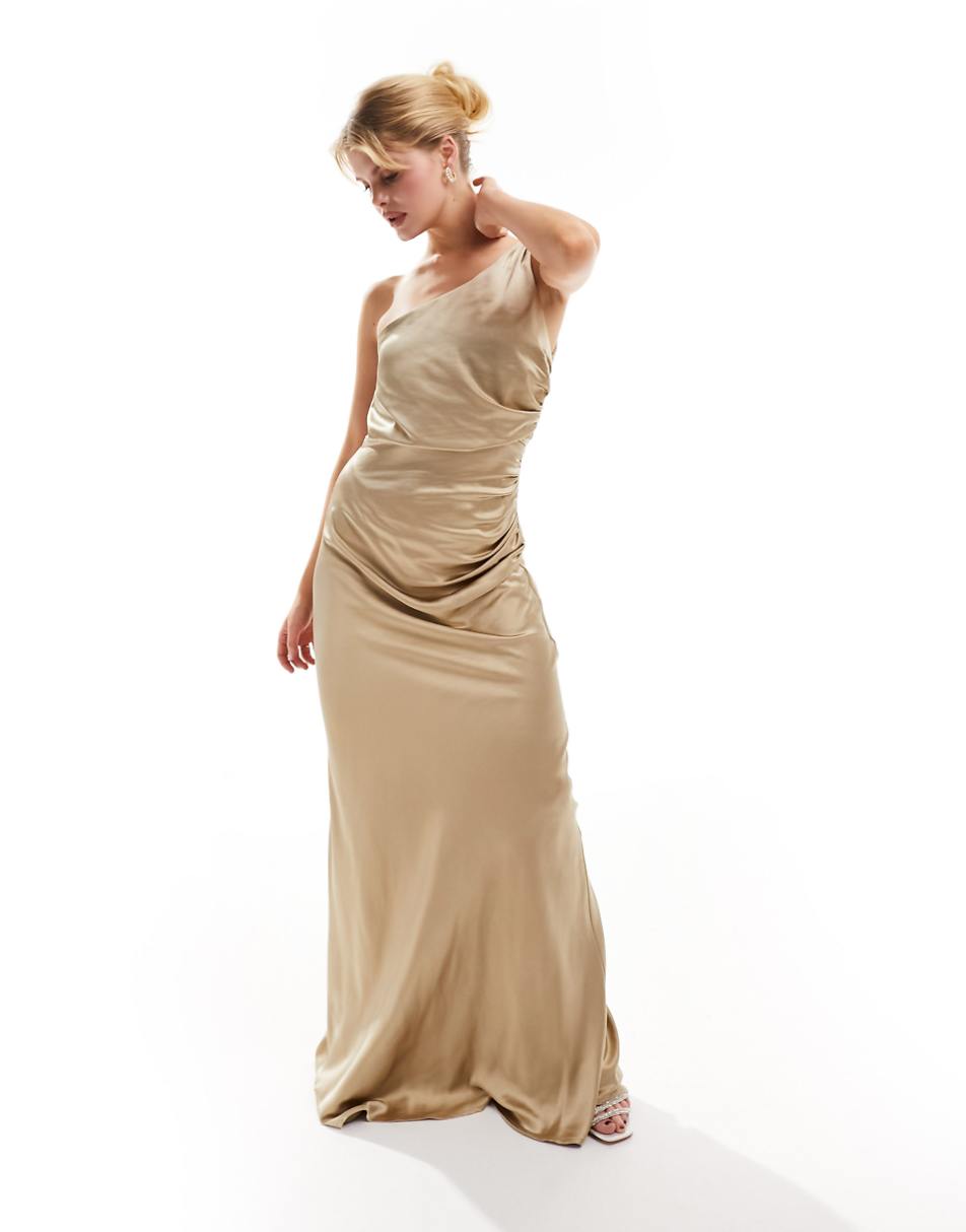 Six Stories Bridesmaids one shoulder satin maxi dress in champagne