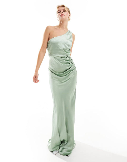 Six Stories Bridesmaids one shoulder satin maxi dress in sage