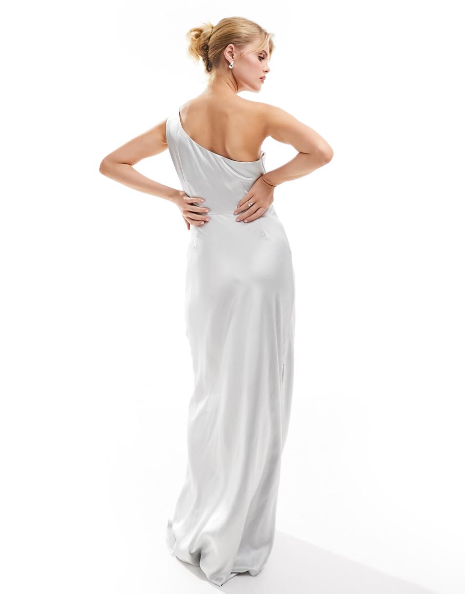 Six Stories Bridesmaids one shoulder satin maxi dress in silver