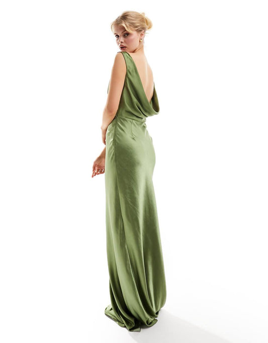 Six Stories Bridesmaids cowl back satin maxi dress in moss green