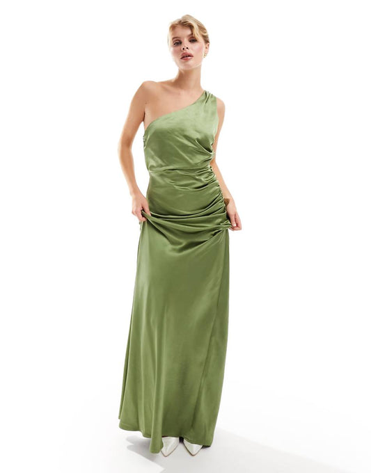 Six Stories Bridesmaids one shoulder satin maxi dress in moss green