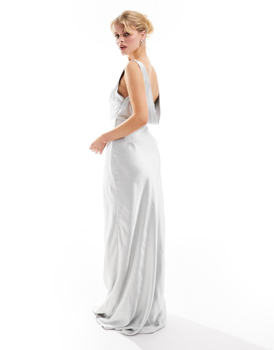 Six Stories Bridesmaids cowl back satin maxi dress in silver