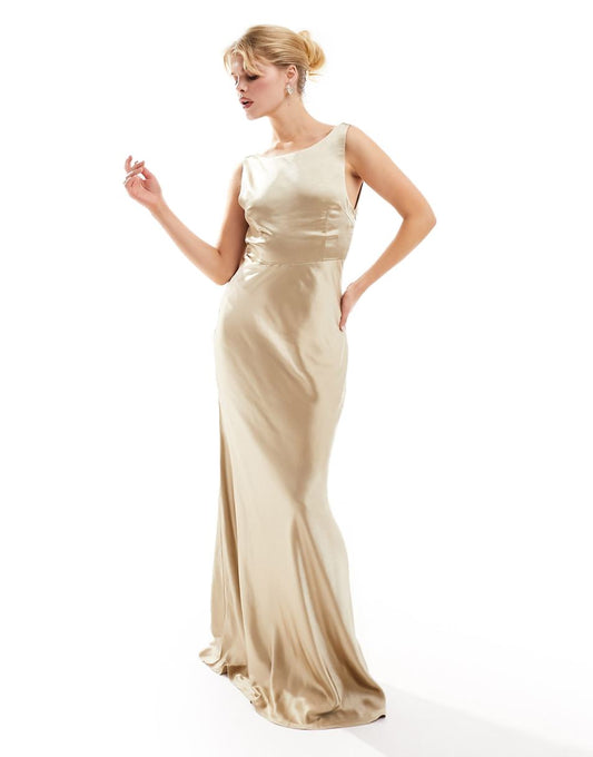 Six Stories Bridesmaids cowl back satin maxi dress in champagne