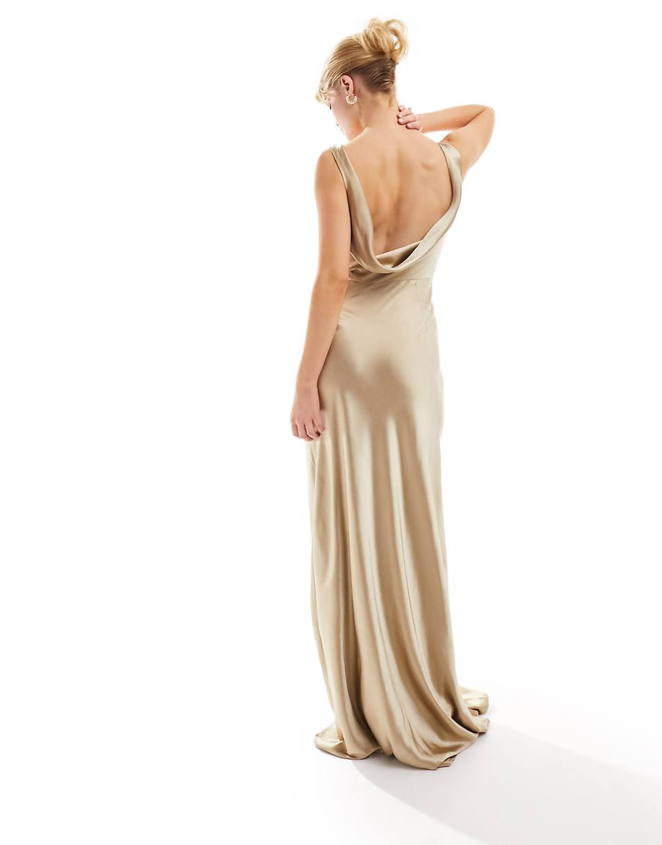 Six Stories Bridesmaids cowl back satin maxi dress in champagne