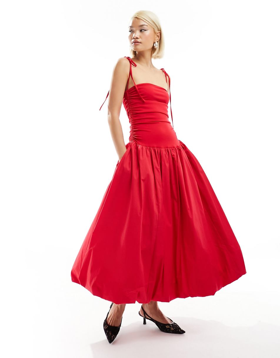 Amy Lynn Alexa shoulder tie puffball midi dress in cherry red