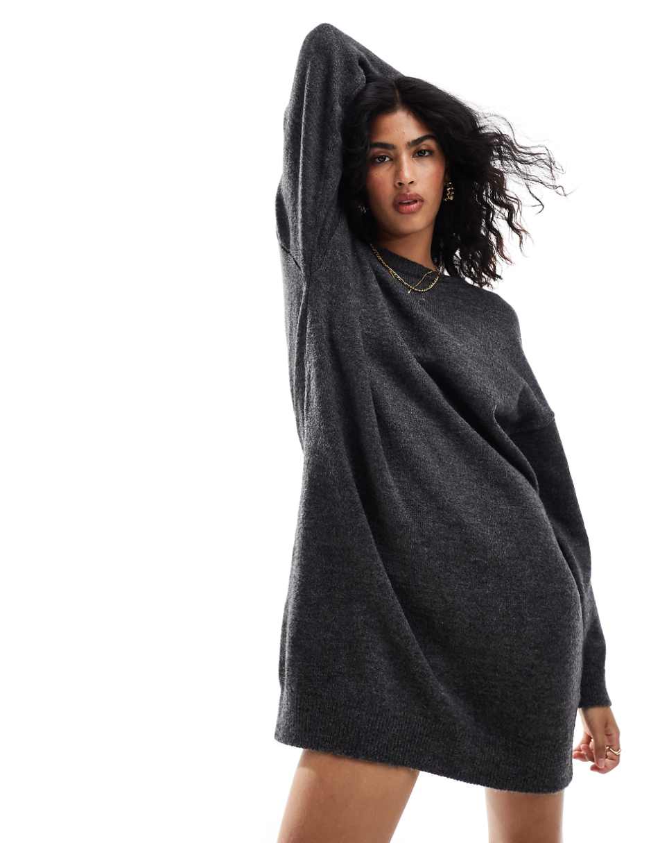 ASOS DESIGN knit mini sweater dress with crew neck in charcoal