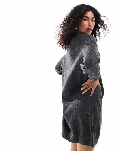 ASOS DESIGN knit mini sweater dress with crew neck in charcoal