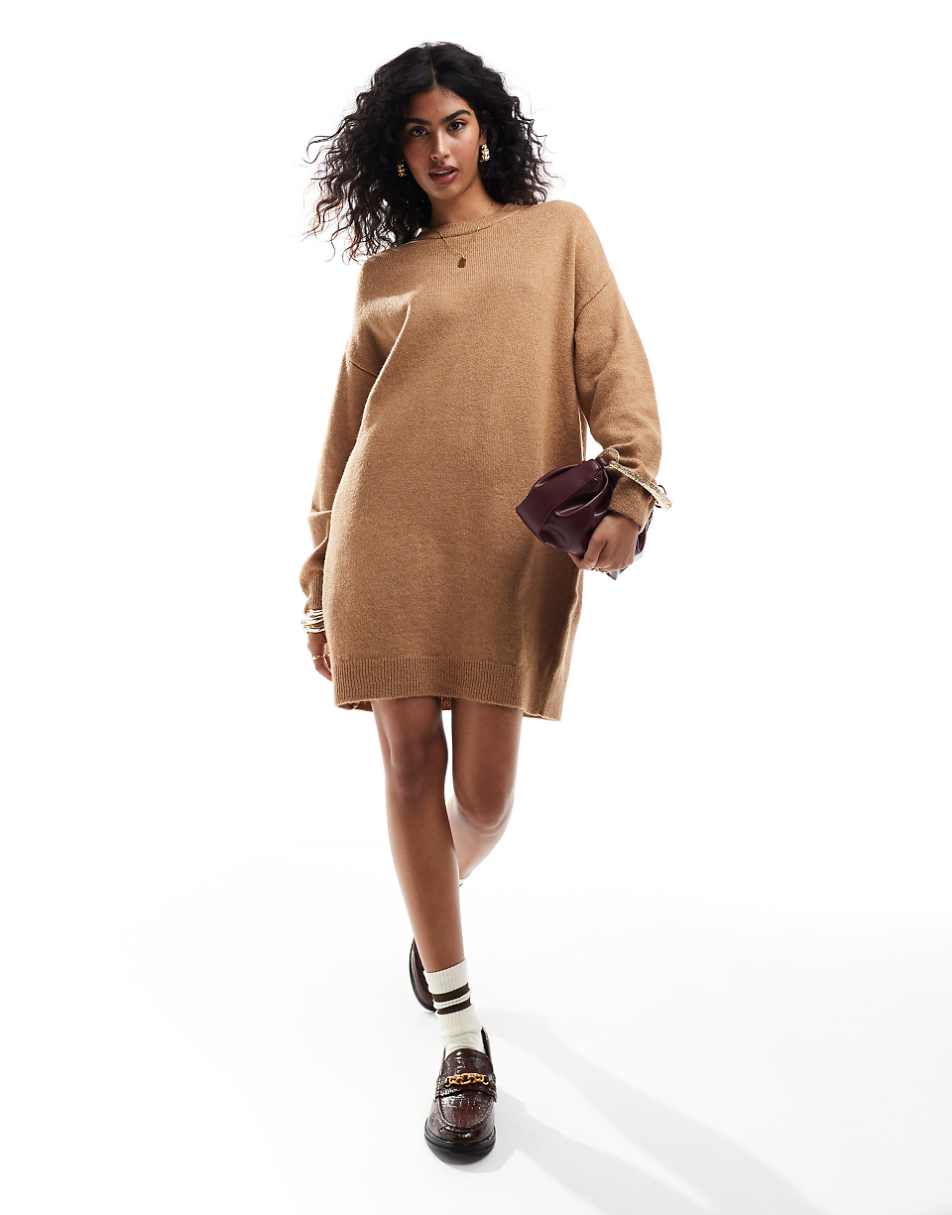 ASOS DESIGN knit mini sweater dress with crew neck in camel