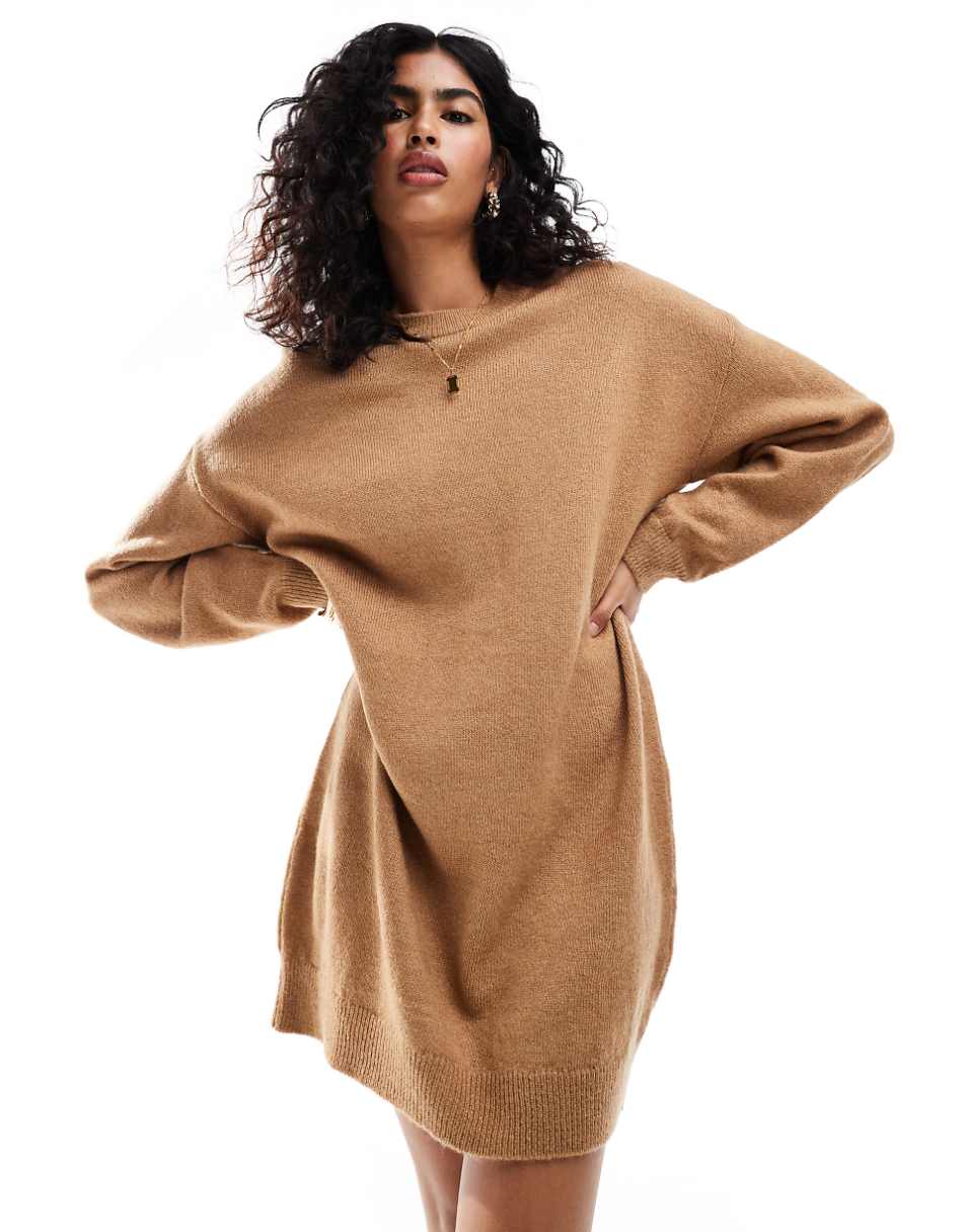 ASOS DESIGN knit mini sweater dress with crew neck in camel