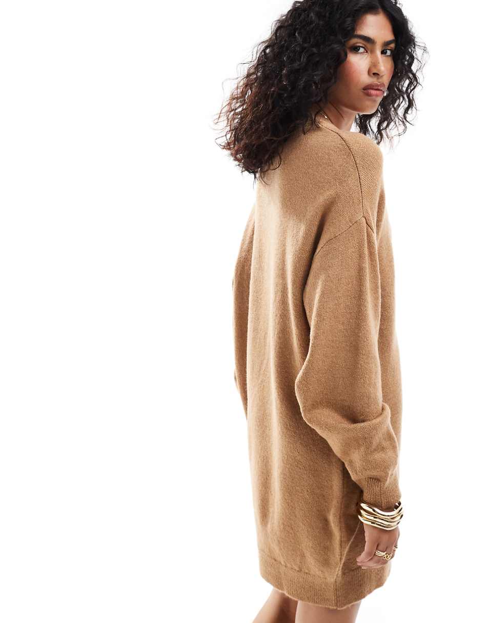 ASOS DESIGN knit mini sweater dress with crew neck in camel