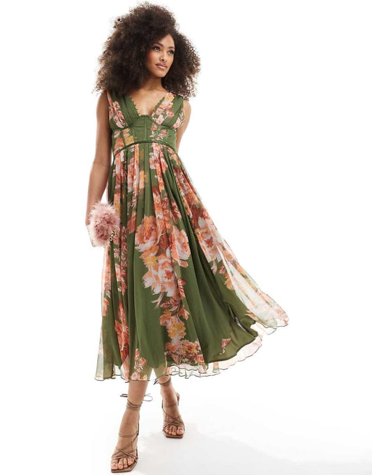 ASOS DESIGN corset plunge pleated midi dress with button detail in green floral print