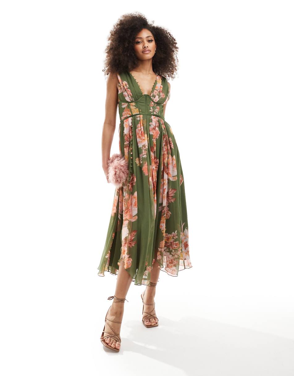 ASOS DESIGN corset plunge pleated midi dress with button detail in green floral print