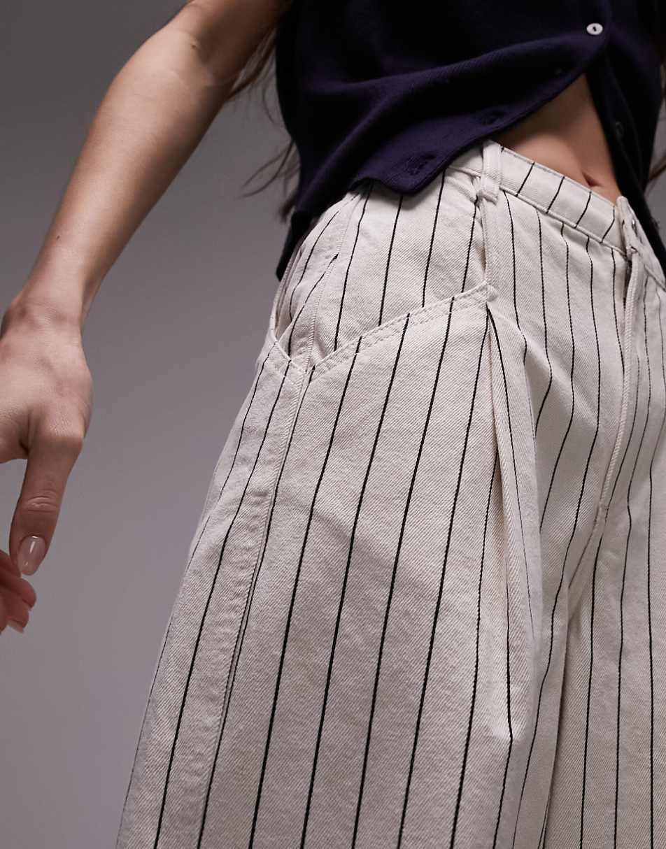 Topshop stripe wide leg cuffed hem pants in ecru