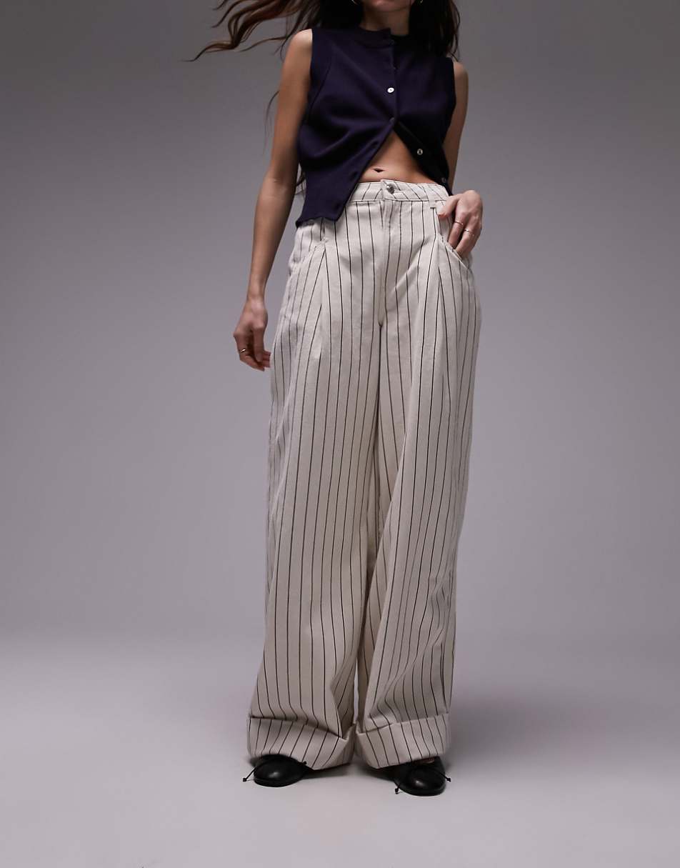 Topshop stripe wide leg cuffed hem pants in ecru