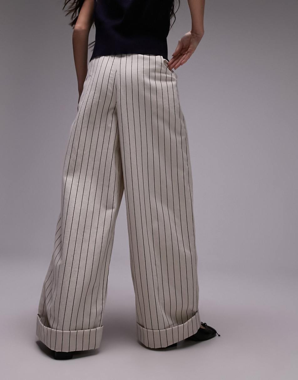 Topshop stripe wide leg cuffed hem pants in ecru