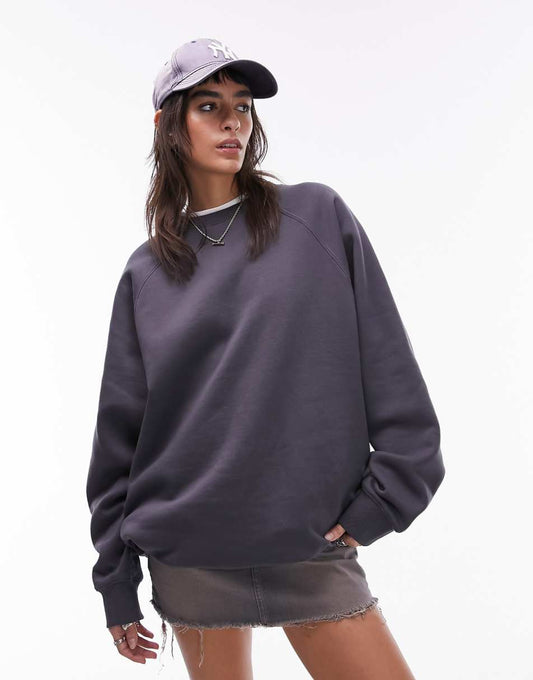 Topshop premium crew neck oversized raglan sweat in slate