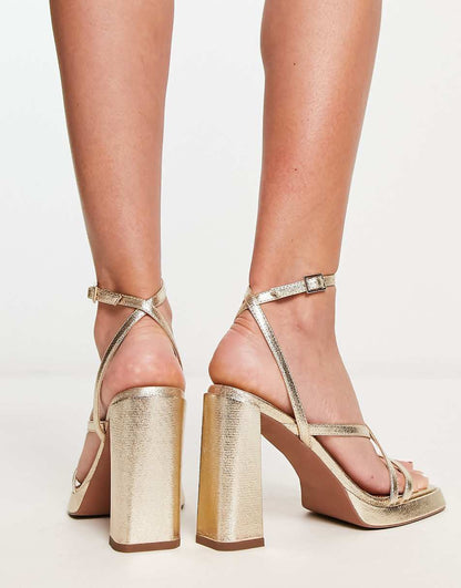 ASOS DESIGN Wide Fit Nashville strappy platform block heel sandals in gold