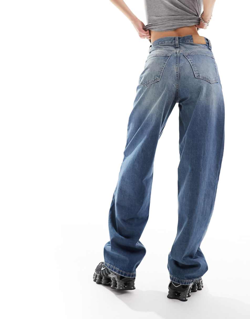 Weekday Rail mid waist loose fit straight leg jeans in jackpot blue