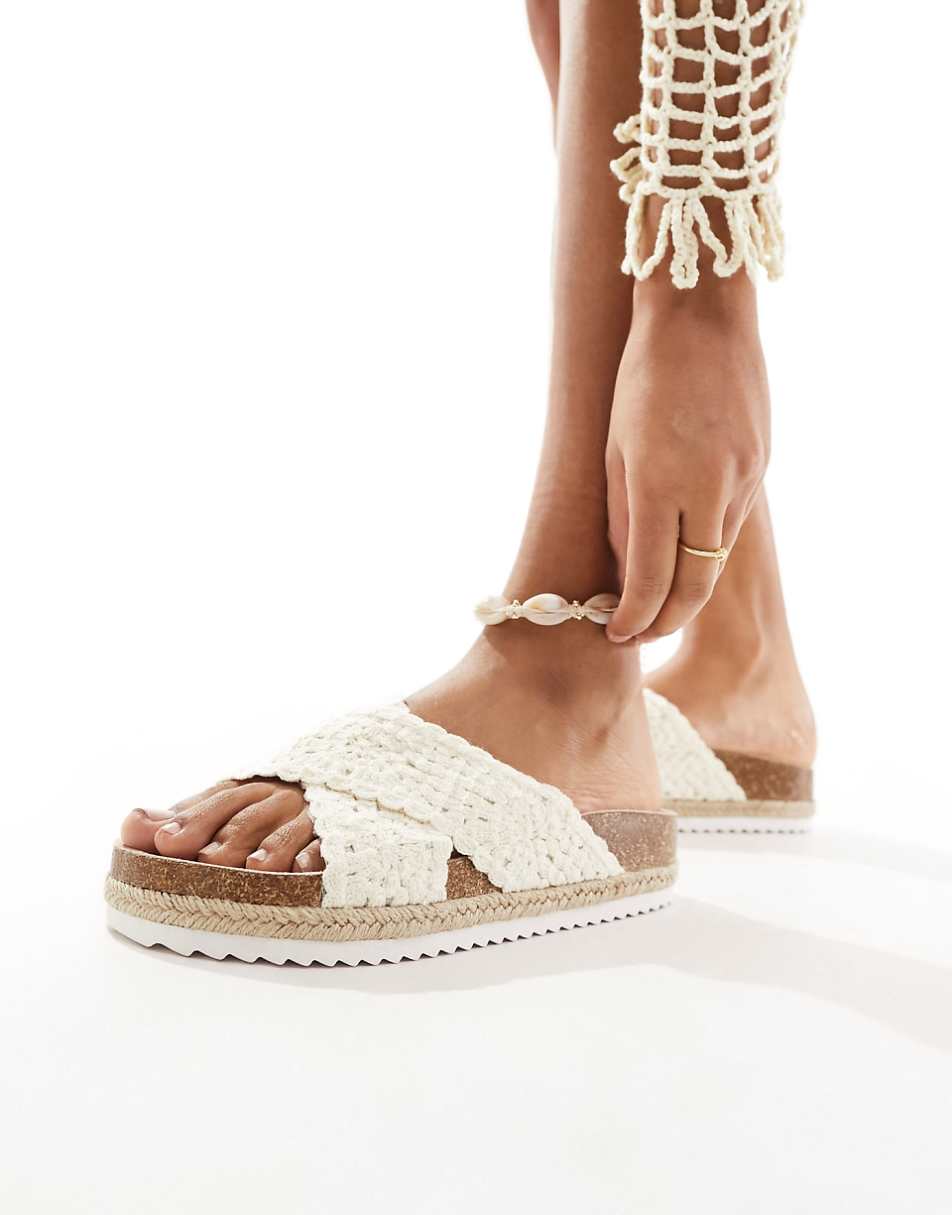 ASOS DESIGN Jessie flatform cross strap espadrille sandals in off white crochet