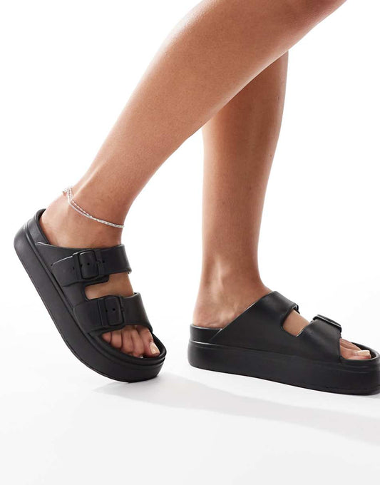 ASOS DESIGN Freestyle flatform double buckle sandals in black