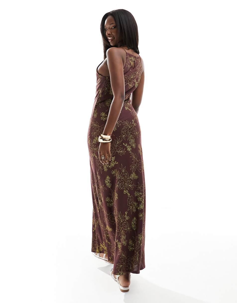 ASOS DESIGN linen look racer maxi sundress in chocolate floral print