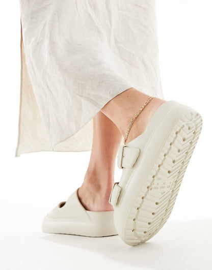 ASOS DESIGN Wide Fit Freestyle flatform double buckle sandals in off-white