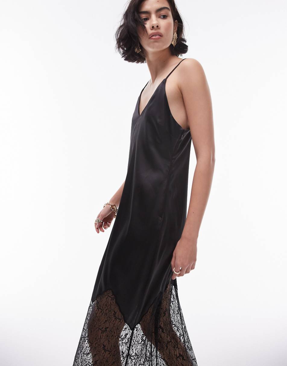 Topshop lace insert midi slip dress in black