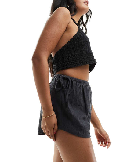 ASOS DESIGN textured tie side high low shorts in charcoal