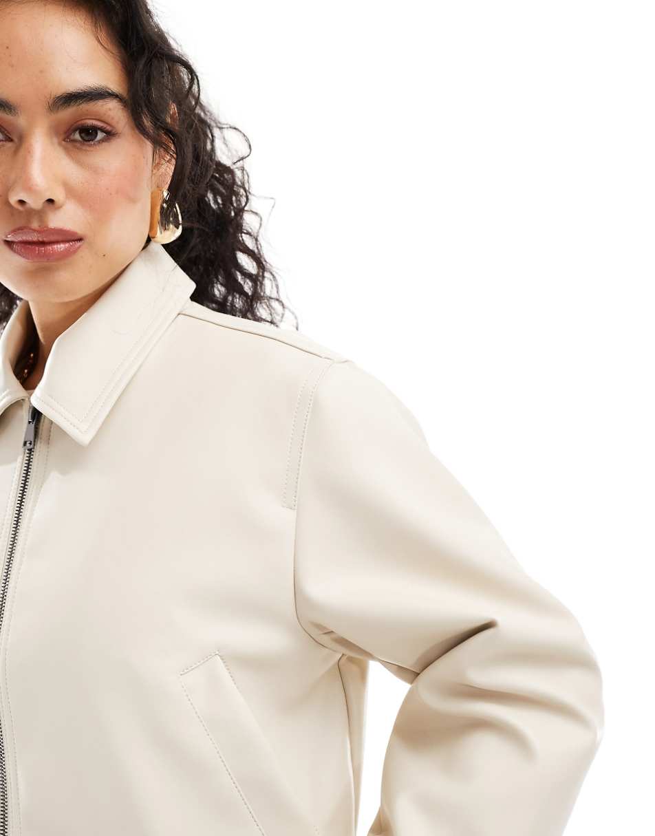 ASOS DESIGN leather look top collar jacket in stone