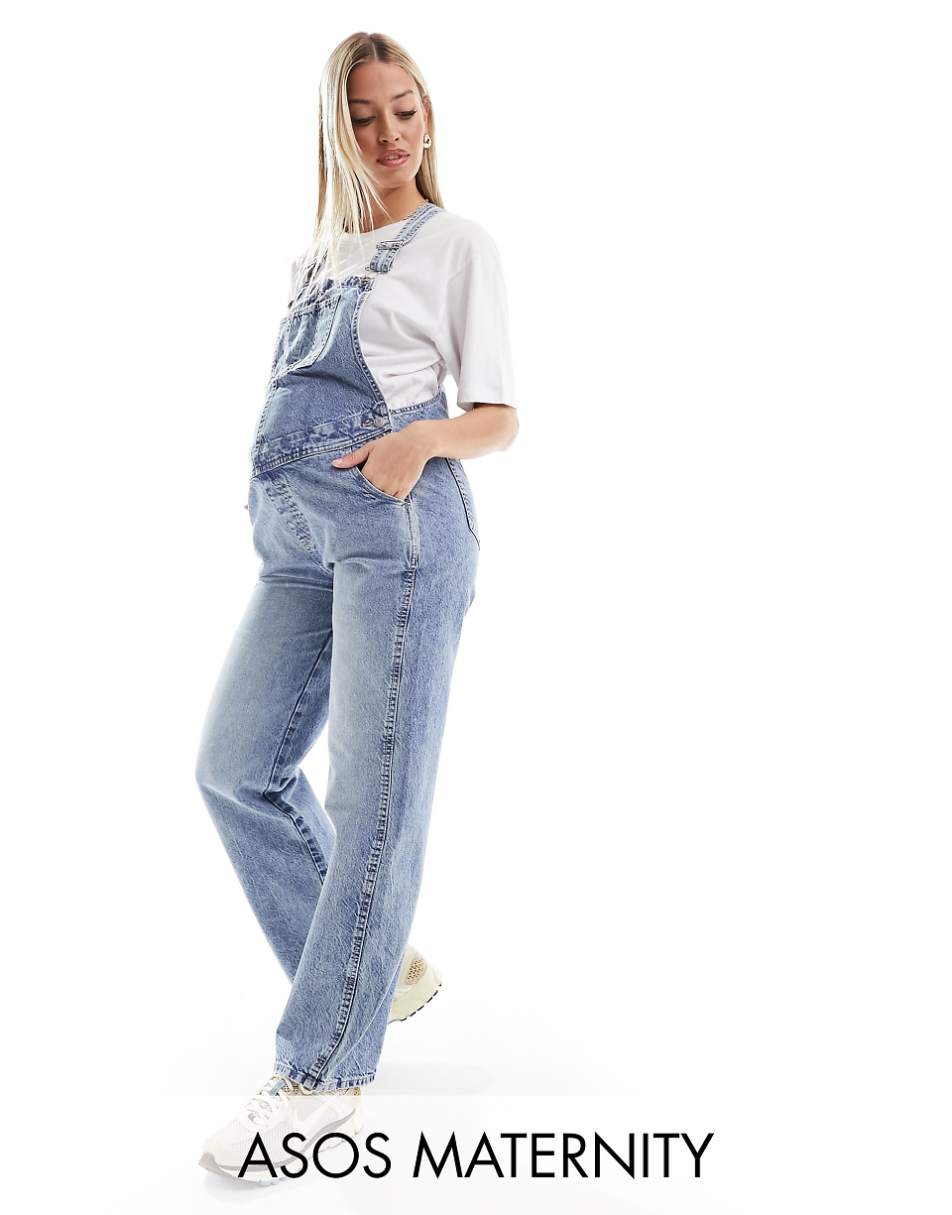 ASOS DESIGN Maternity denim overalls in mid blue