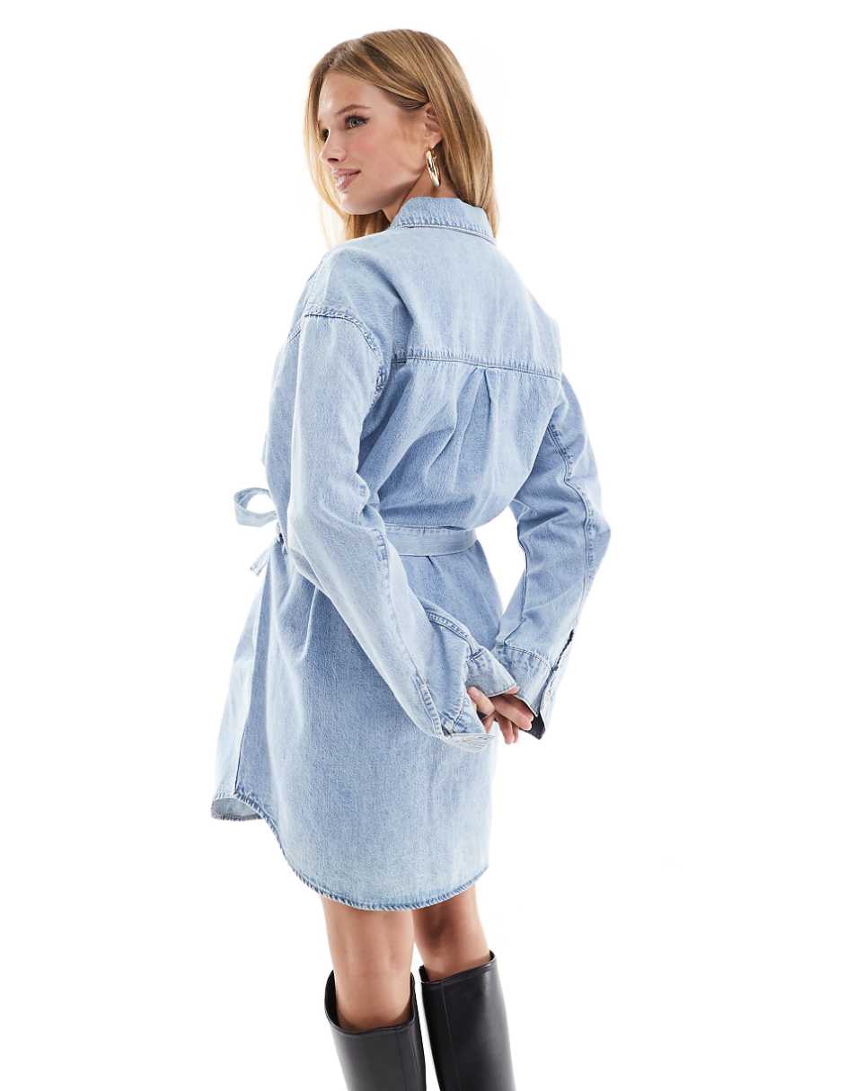 ASOS DESIGN denim mini shirt dress with belt in midwash blue