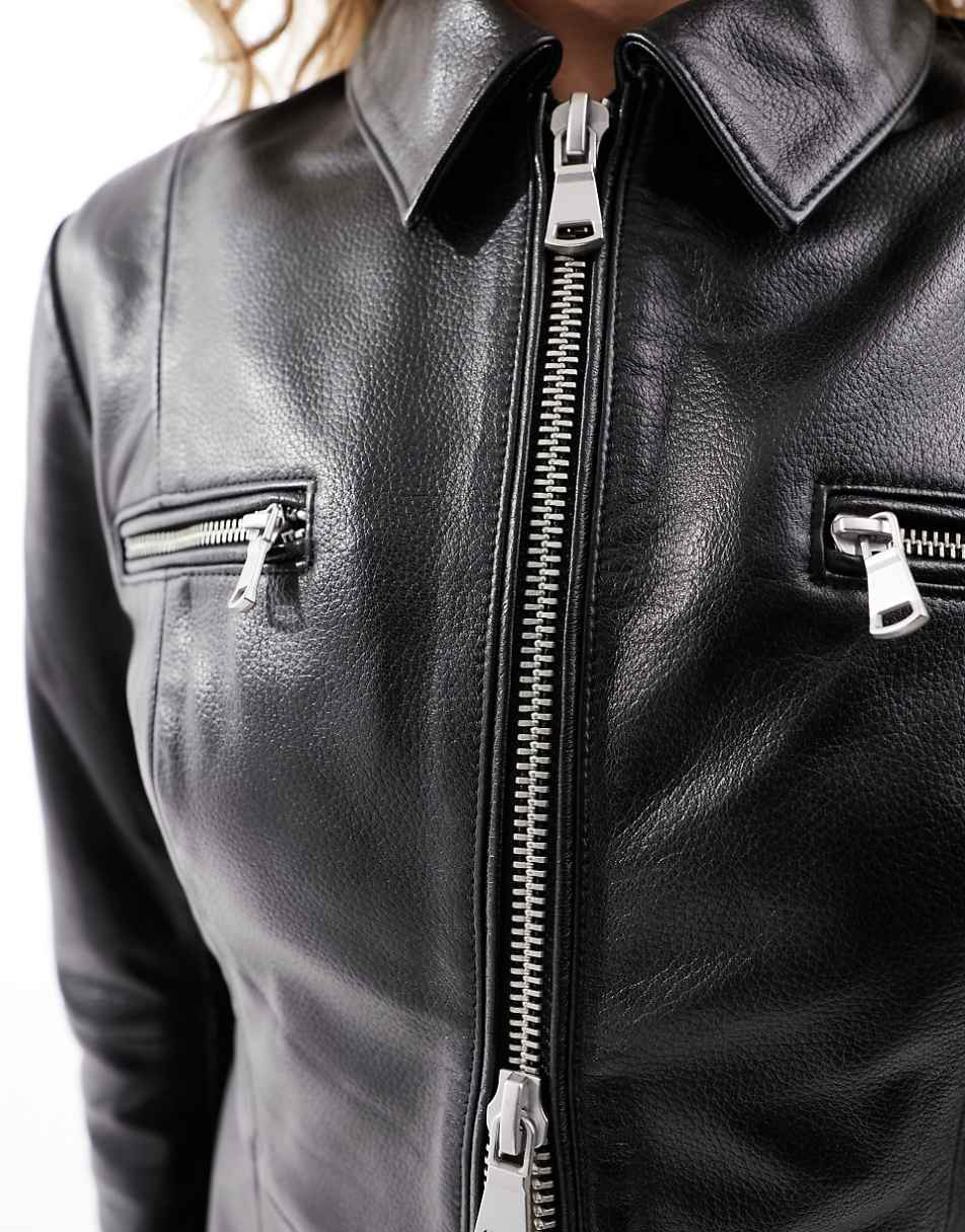 Reclaimed Vintage real leather fitted biker jacket in black